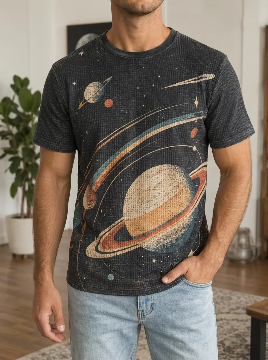 Men's Space Astronomy Lover Saturn Planet Classic Crew Neck T-Shirt