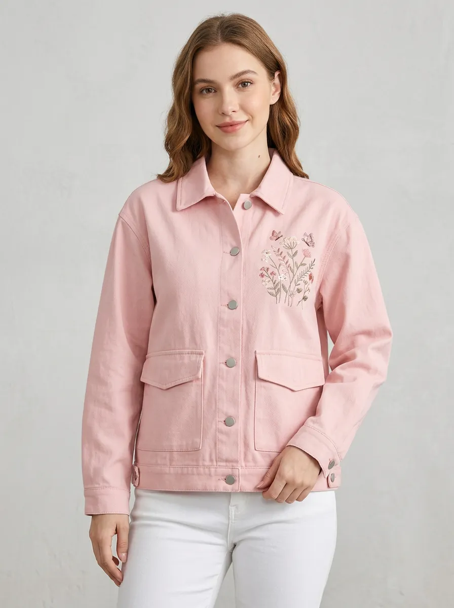 Women's Floral Butterfly Nature Lover Embroidered Pink Denim Jacket