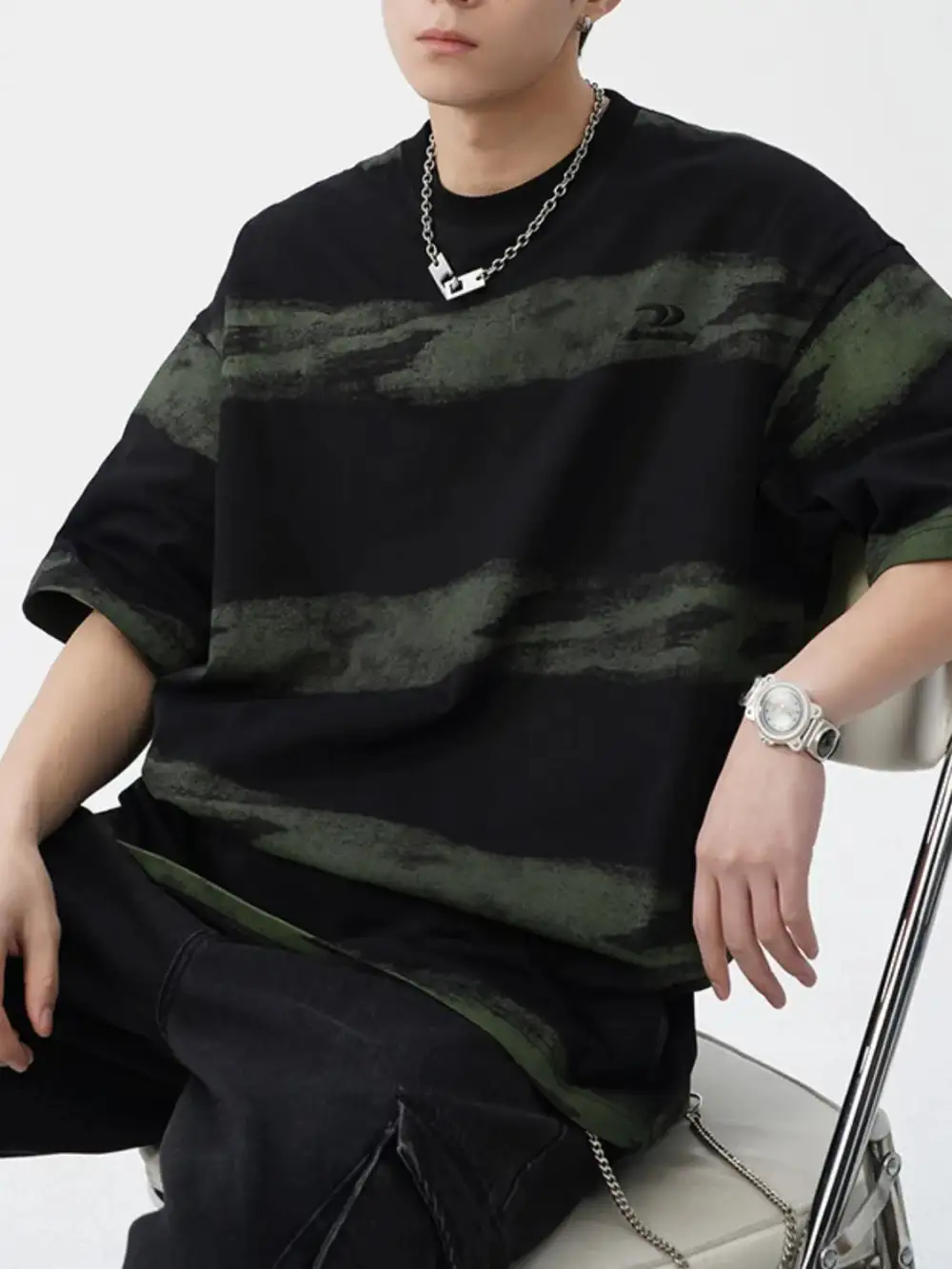 Textured Striped Crew Neck Tee