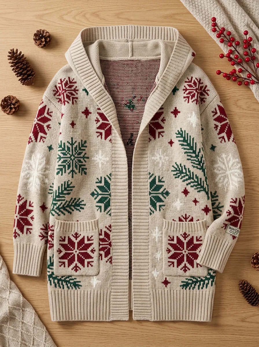 Christmas Snowflake Pine Branch Pattern Knit Hooded Cardigan