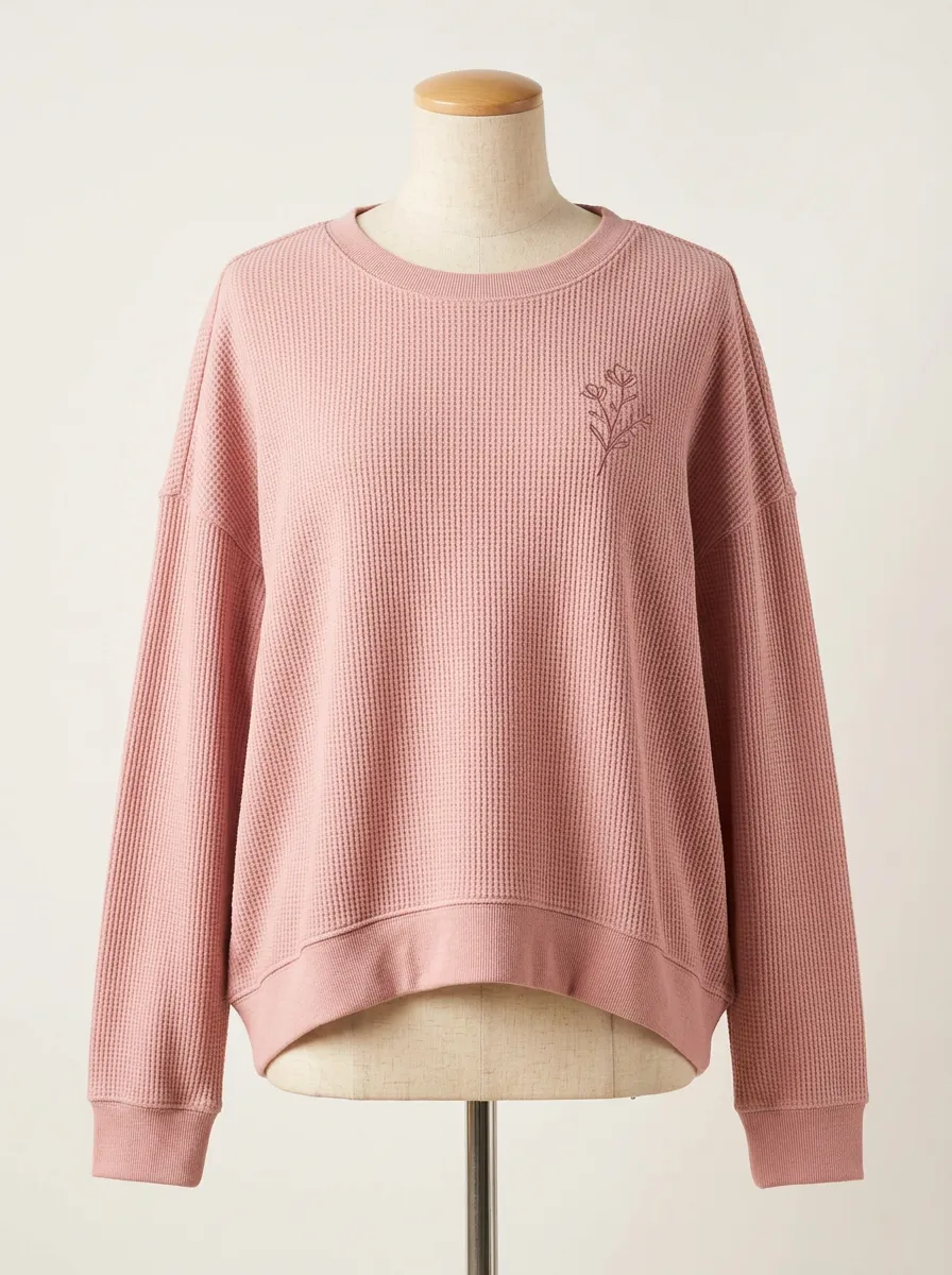 Women's Minimalist Floral Pink Waffle Knit Printed Sweatshirt