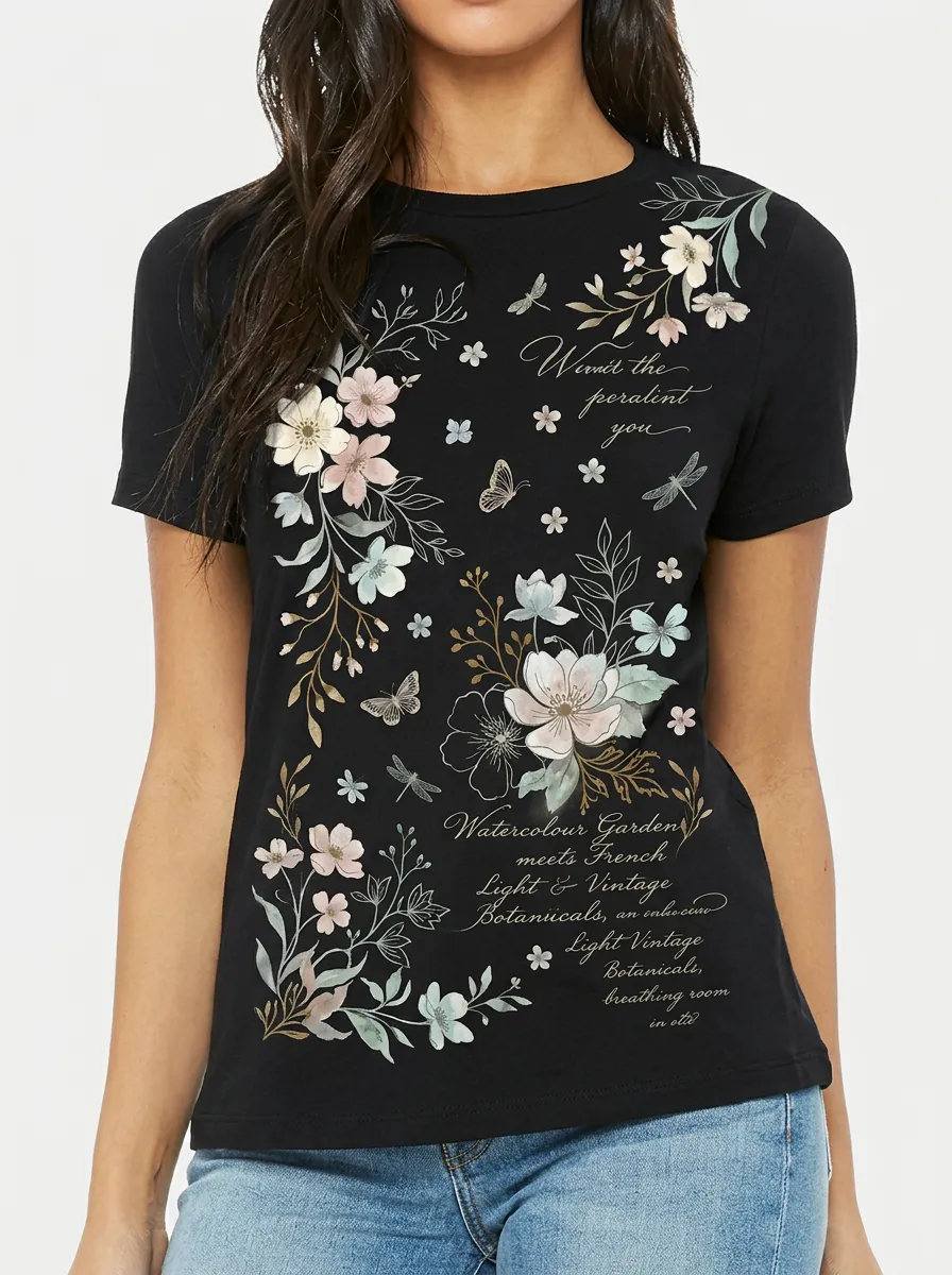 Women's Botanical Garden Butterfly Watercolor Printed T-shirt