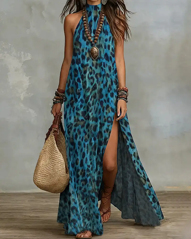 Wild Elegance Leopard Halter Maxi Dress with Side Slit