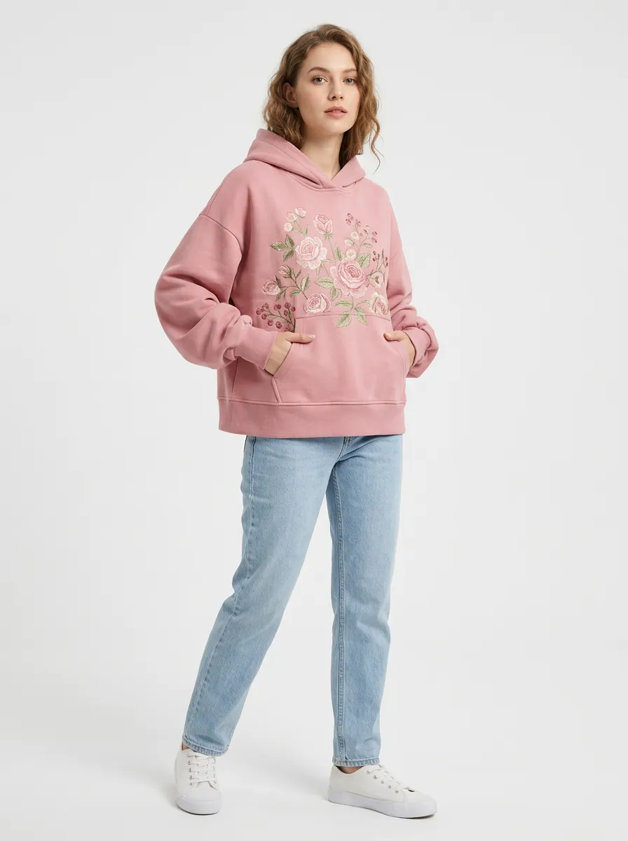 Women's Floral Lover Pink Rose Embroidered Printed Hoodie