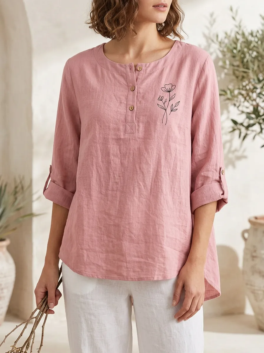 Women's Pink Floral Minimalist Cotton And Cotton And Linen Art Printed Henley Top