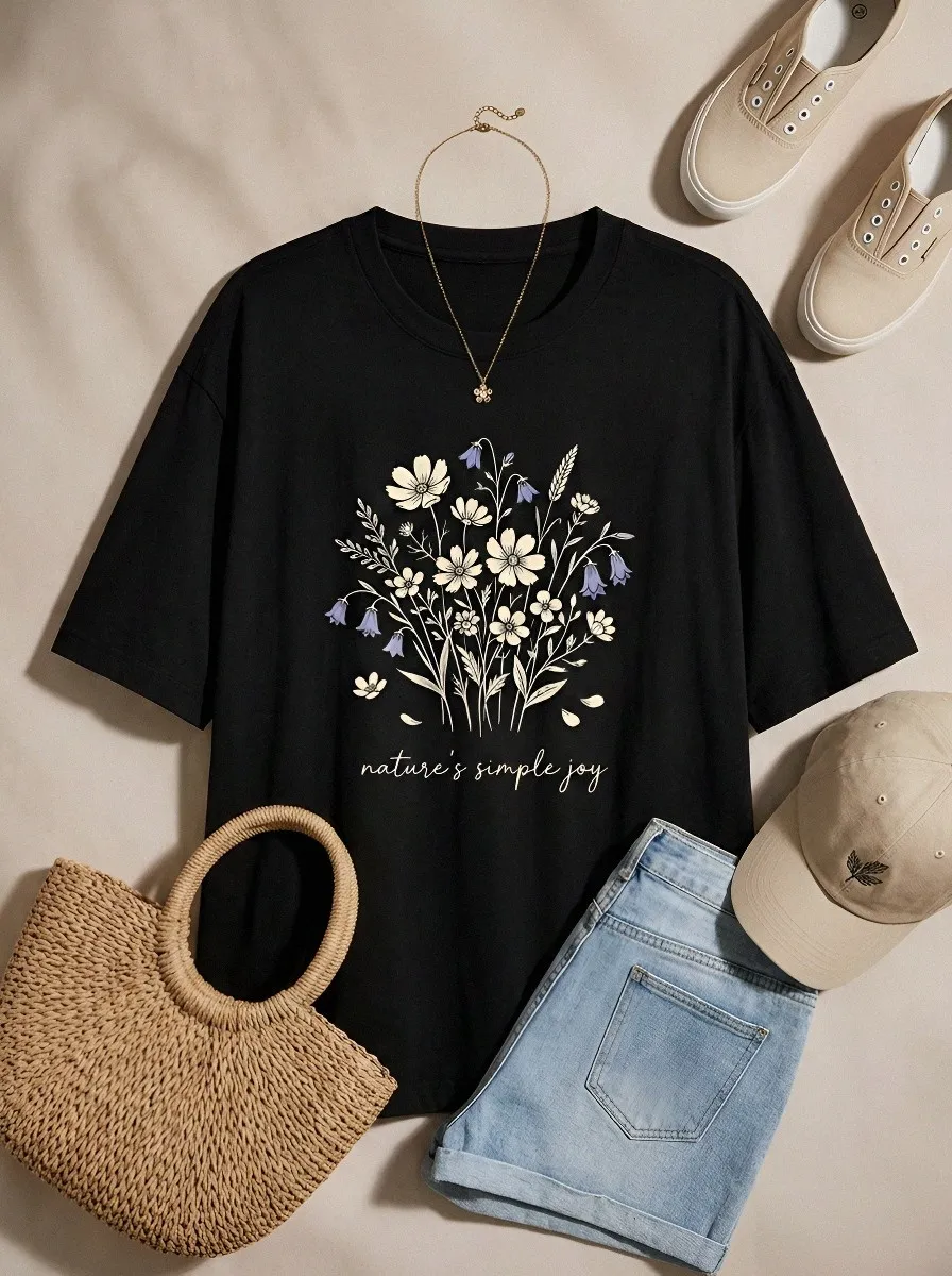 Women's Nature Lover Wildflower Bouquet Printed T-shirt
