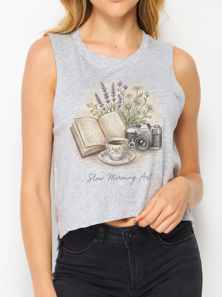 Women's Book Coffee Camera Floral Printed Tank Top