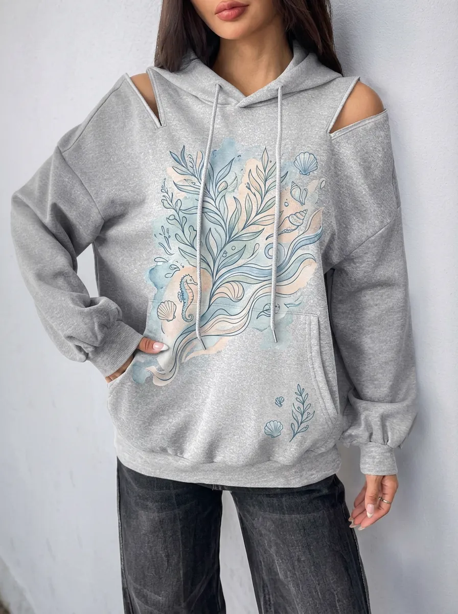 Women's Ocean Lover Seahorse Shells Printed Cold Shoulder Hoodie