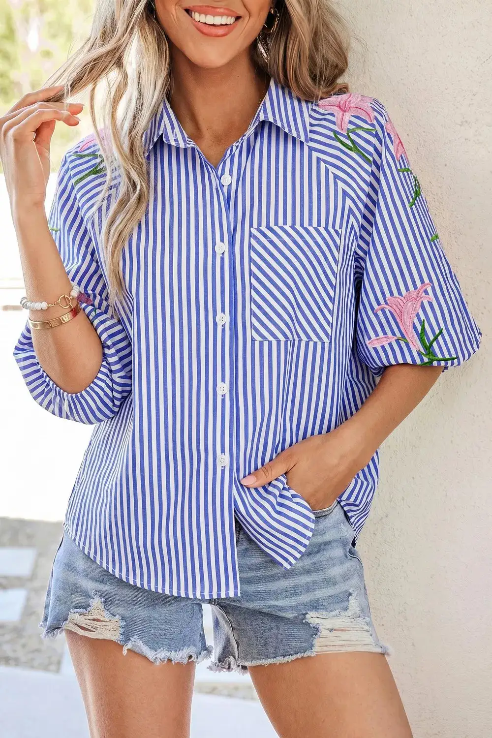 Striped Floral Embroidered Puff Sleeve Button Down