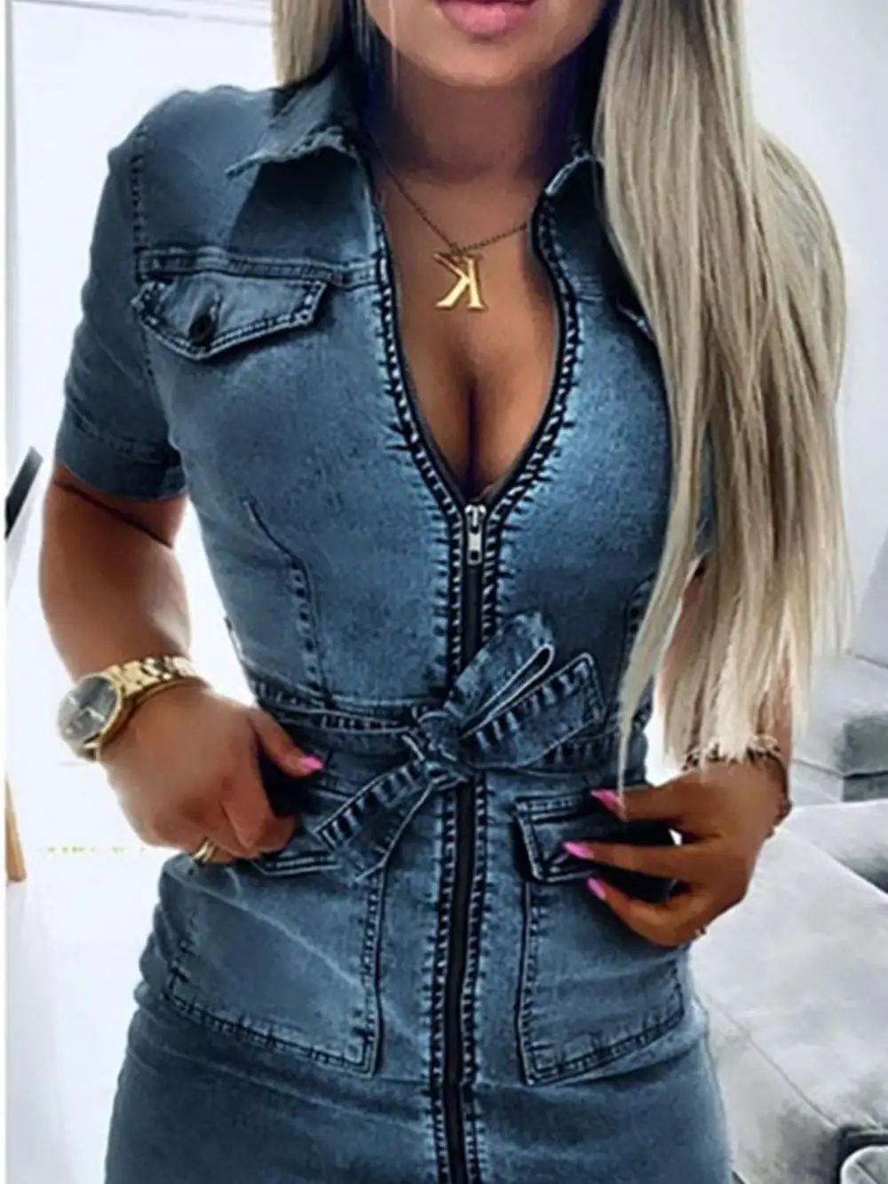 Short-Sleeve Denim Casual Dress
