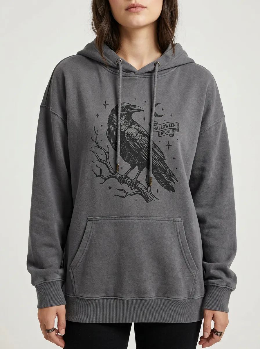 Women's Halloween Gothic Raven Moon Printed Hoodie