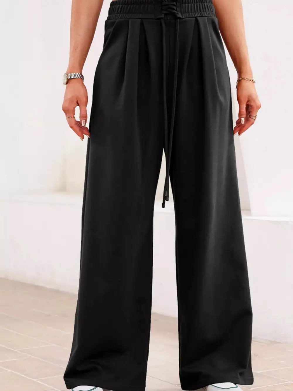 High Waist Drawstring Pocketed Pleated Casual Joggers
