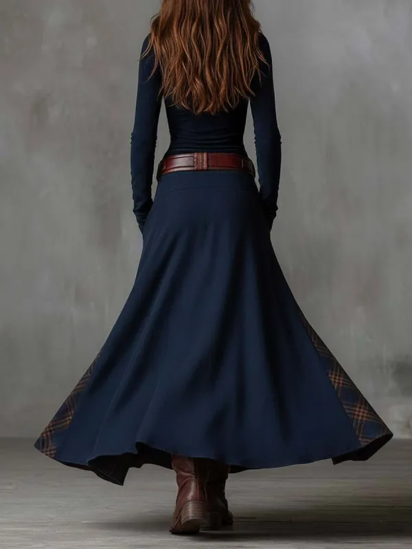 Vintage Patchwork Suede Maxi Dress With Plaid Panels