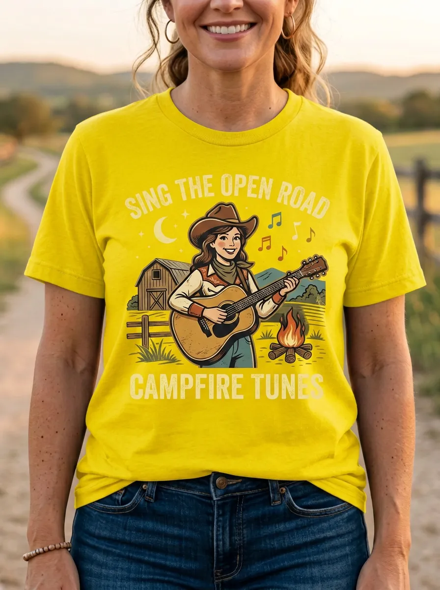 Rustic Country Music Cowgirl Guitar Campfire Crew Neck T-Shirt