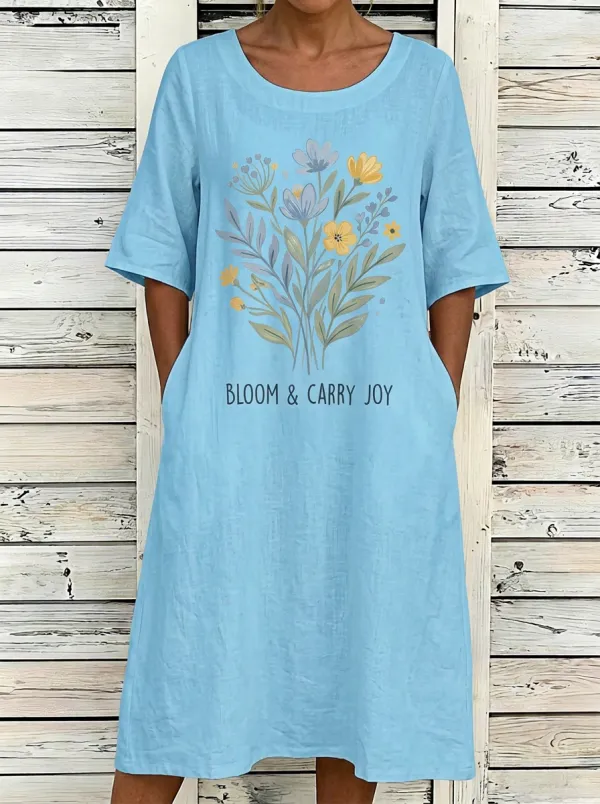 Floral Bloom And Carry Joy Quote Linen Dress