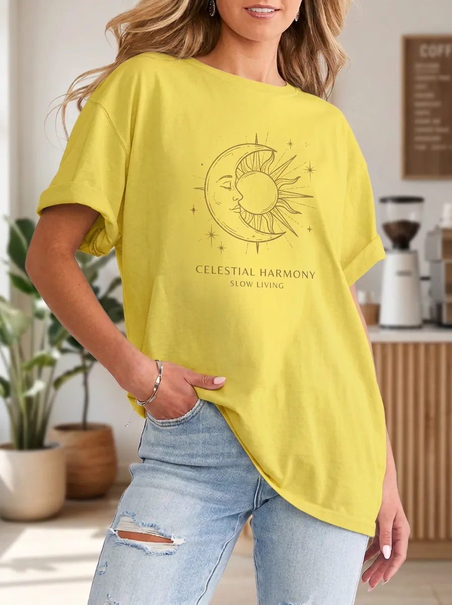 Women's Celestial Harmony Sun Moon Graphic Printed T-shirt