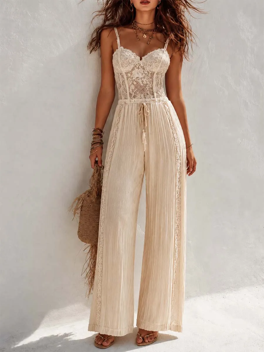 Bohemian Cream Lace Corset And Pleated Wide-Leg Jumpsuit