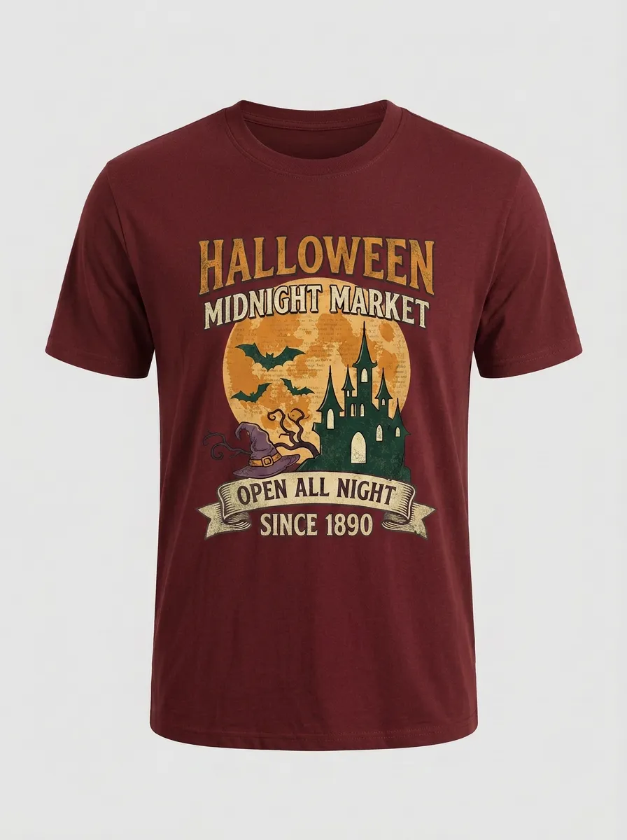 Men's Halloween Midnight Market Castle Moon Printed T-shirt