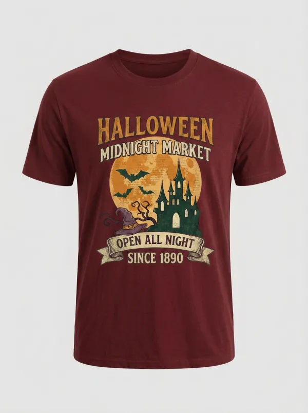Men's Halloween Midnight Market Castle Moon Printed T-shirt