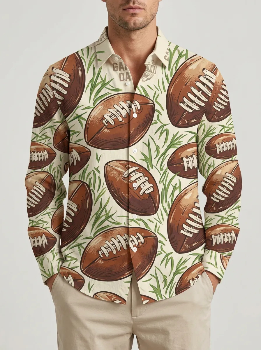 Men's Game-Day American Football Lover Grass Pattern Printed Button-up Shirt