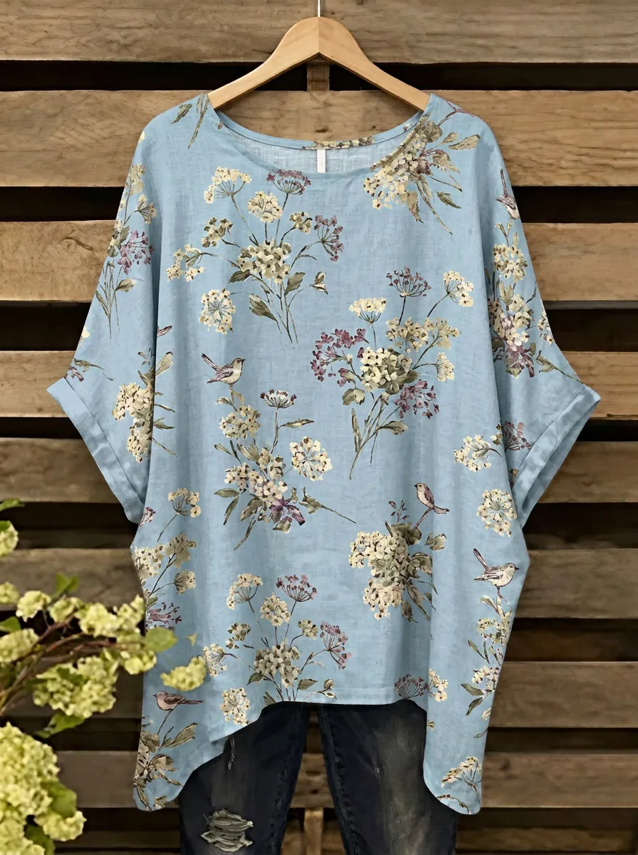 Bird Floral Oversized Women's Loose Printed T-Shirt