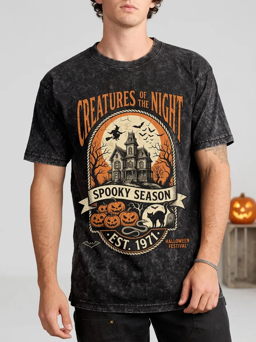 Men's Halloween Spooky Season Haunted House Pumpkin Printed T-shirt
