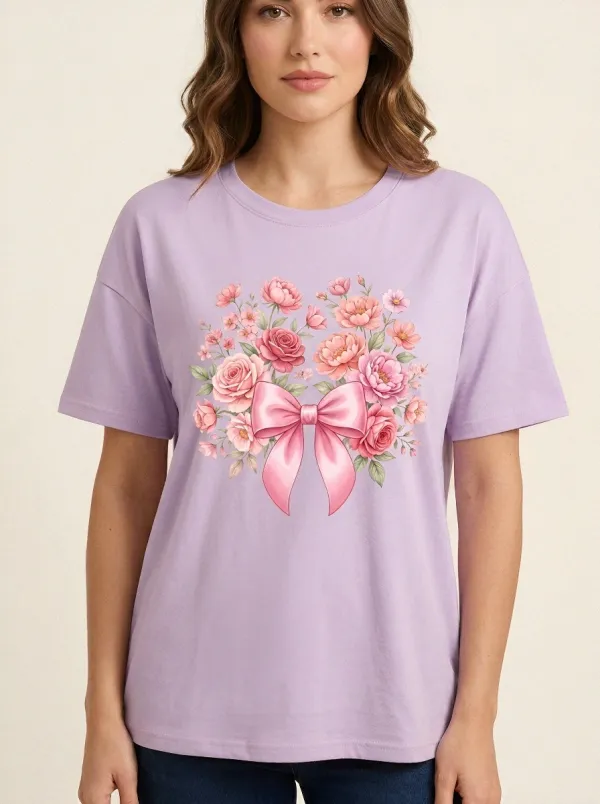 Women's Breast Cancer Awareness Floral Bow Printed T-shirt