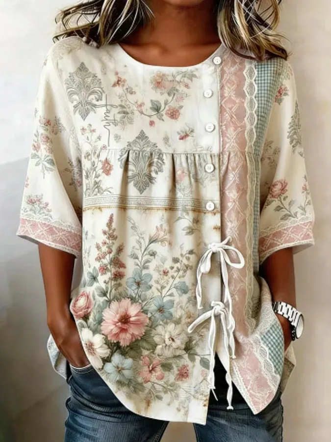Women'S Cotton Linen Flower Art Printing Top