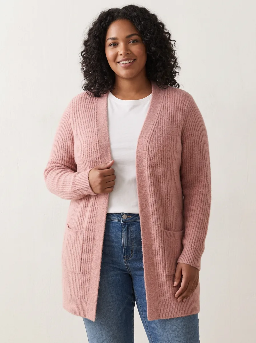 Women's Pink Ribbed Open Front Long Sleeve Cardigan