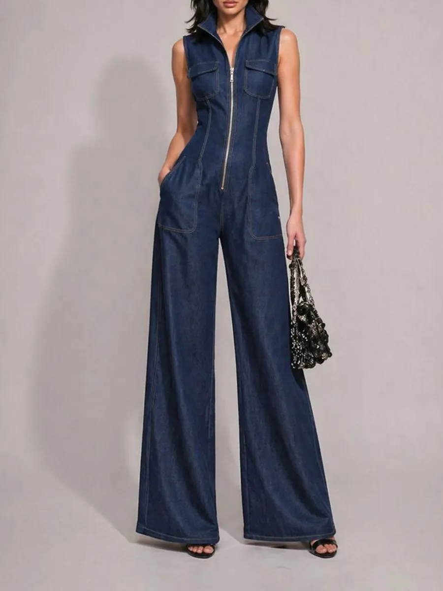 Amira Retro Stand-Collar Zip-Front Sleeveless Denim Jumpsuit