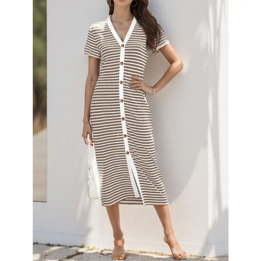Contrast V-Neck Short Sleeve Midi Dress