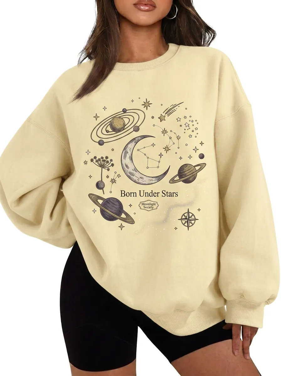 Women's Celestial Astrology Born Under Stars Printed T-shirt