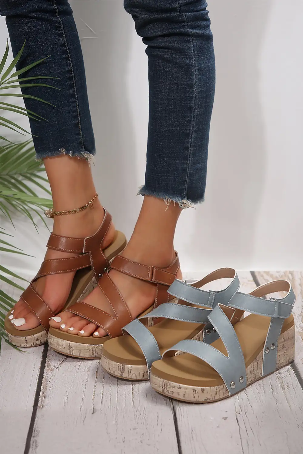 Cutout Hook Loop Wedge Sandals