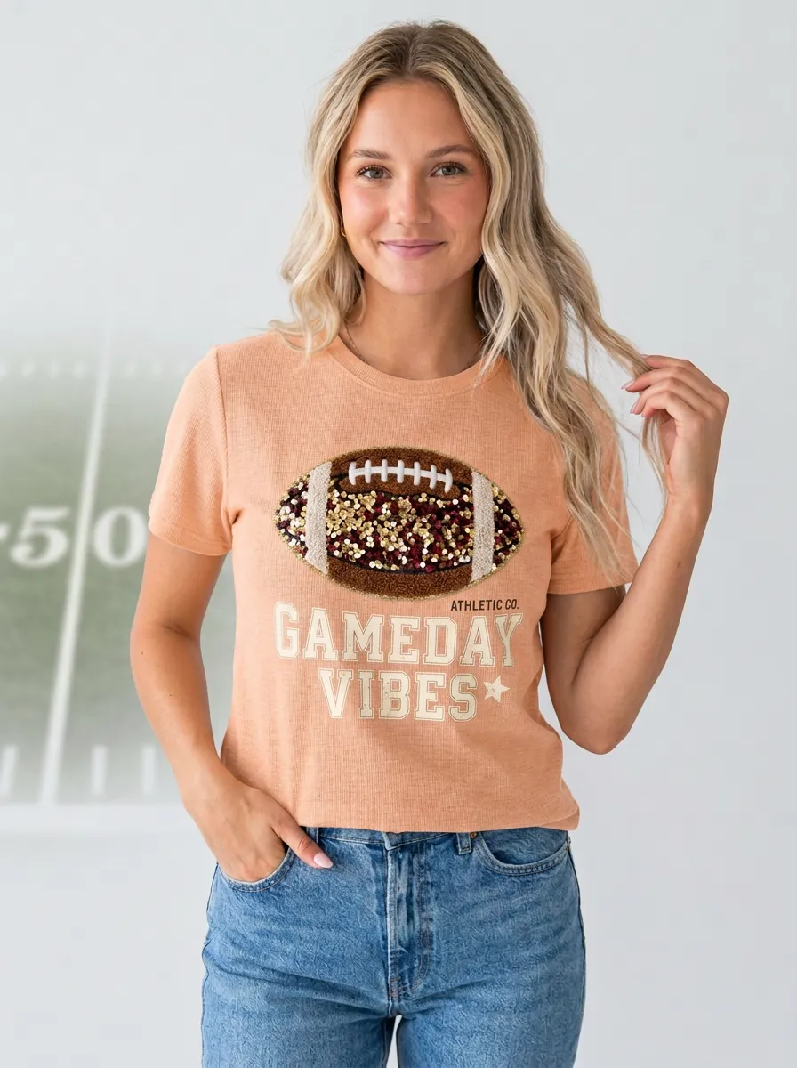 Women's Heritage Inspired Football Ball Sequin Crew Neck Graphic T-Shirt