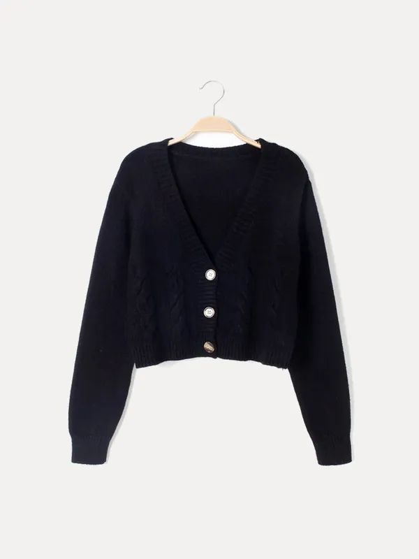 Buttoned V-Neck Knit Crop Sweater