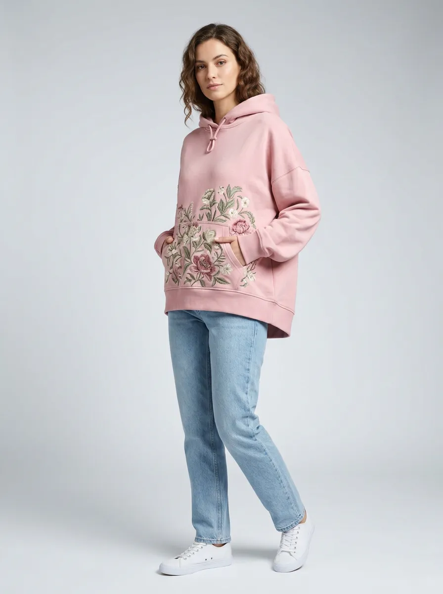 Women's Floral Garden Pink Embroidered Printed Hoodie