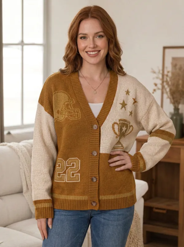 Women's Classic Vintage Inspired Gridiron Helmet Trophy Ball Knit Cardigan
