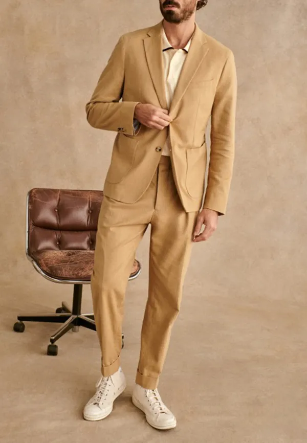 Sand Beige Linen Blend Tailored Unstructured Blazer