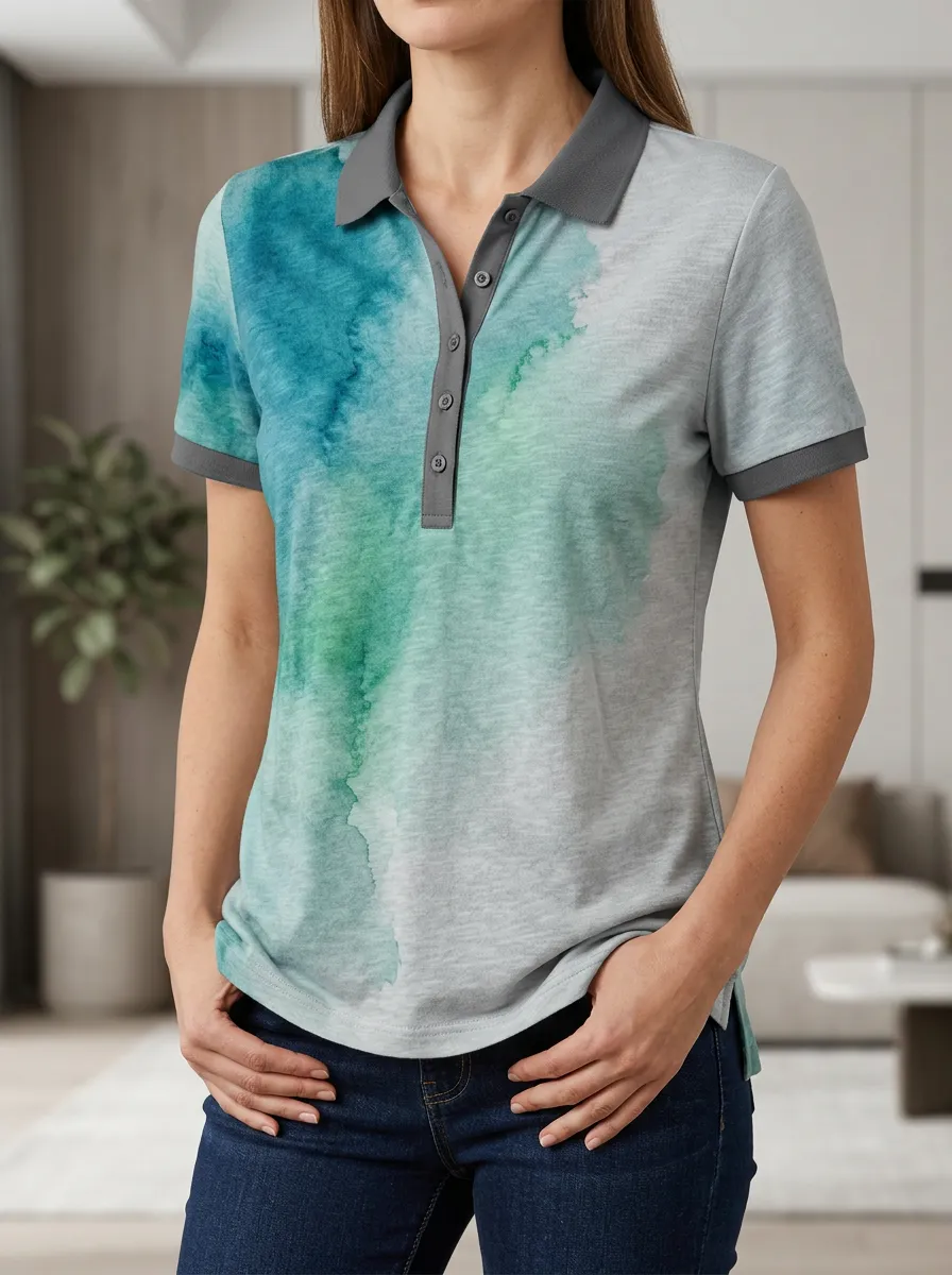 Women's Casual Watercolor Abstract Polo Shirt