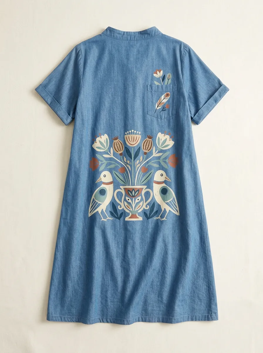 Folk Art Bird And Floral Denim Tunic Top