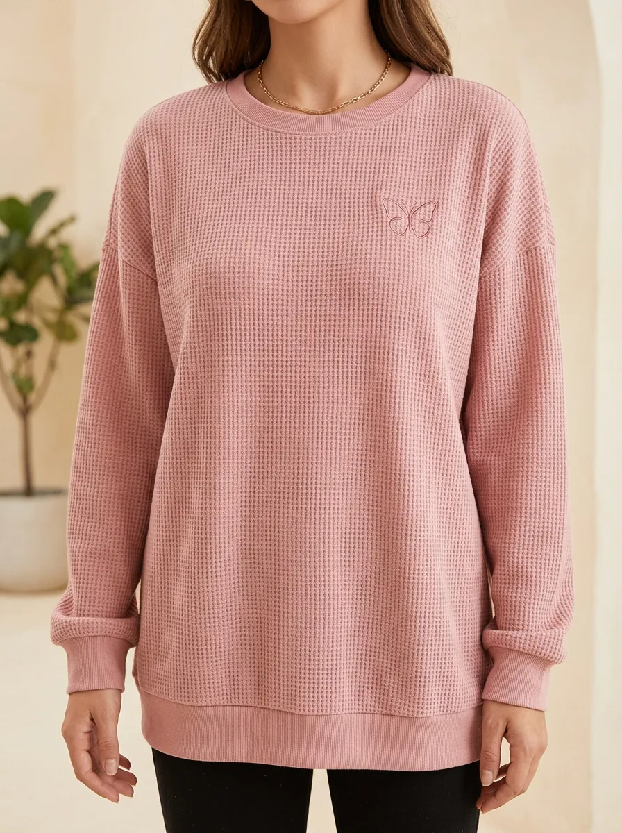 Women's Pink Butterfly Minimalist Embroidered Waffle Knit Sweatshirt