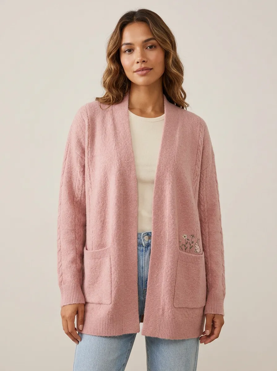Pink Bunny Floral Embroidered Cable-Knit Cardigan