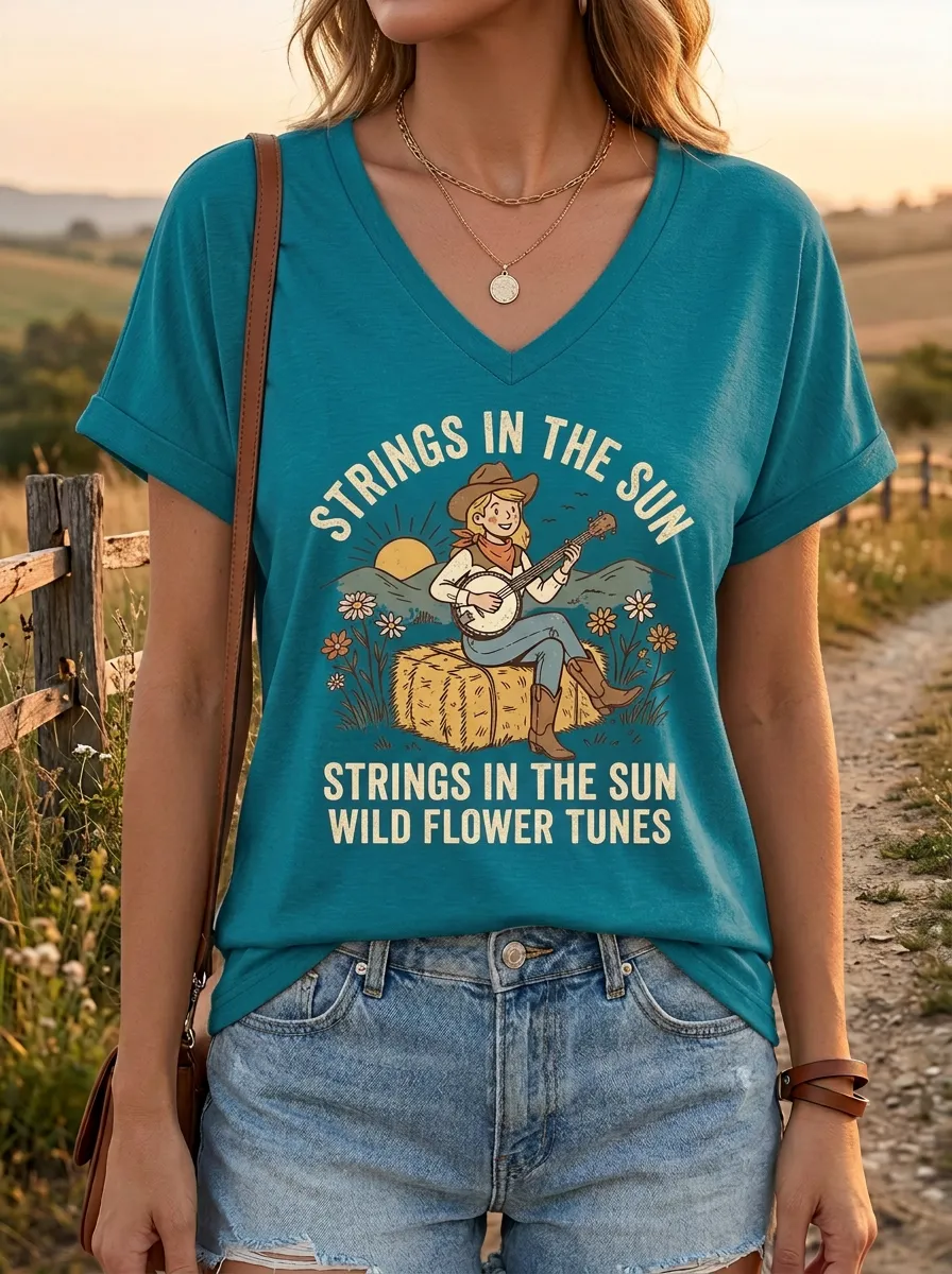 Rustic Banjo Wildflower Women's Country Music V-Neck T-Shirt