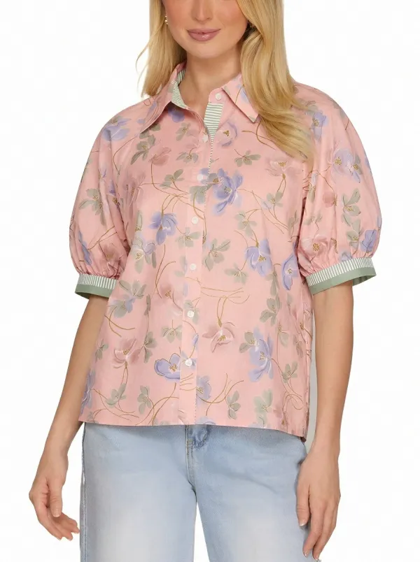 Women's Floral Garden Vintage Style Printed Puff Sleeve Shirt