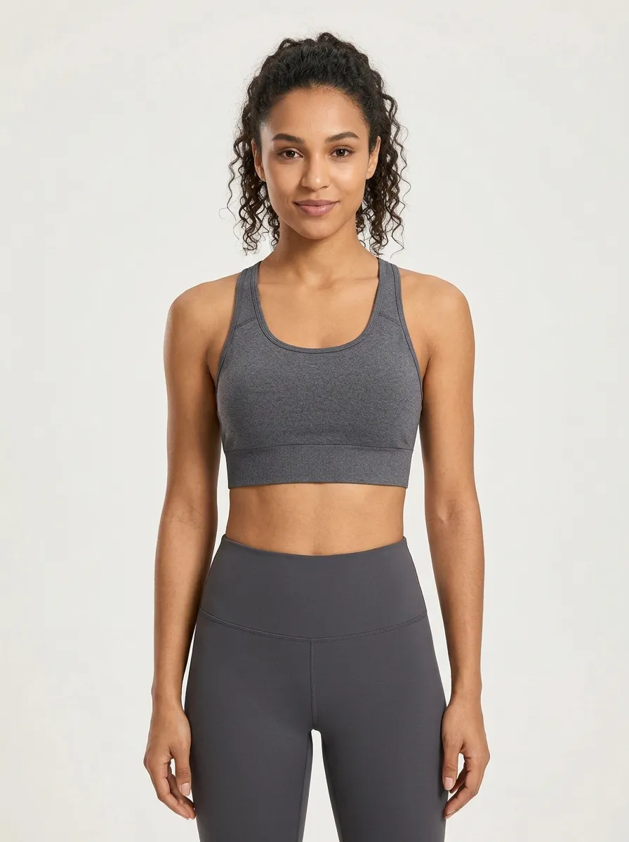 Women's Cross Back Sports Bra with Grey Solid Color Detail