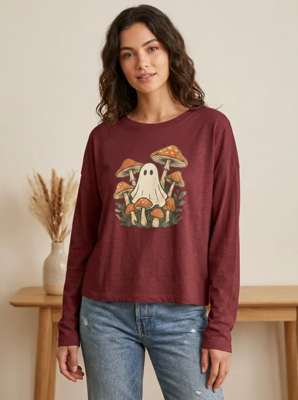 Women's Halloween Cottagecore Ghost Mushroom Printed Long Sleeve T-shirt