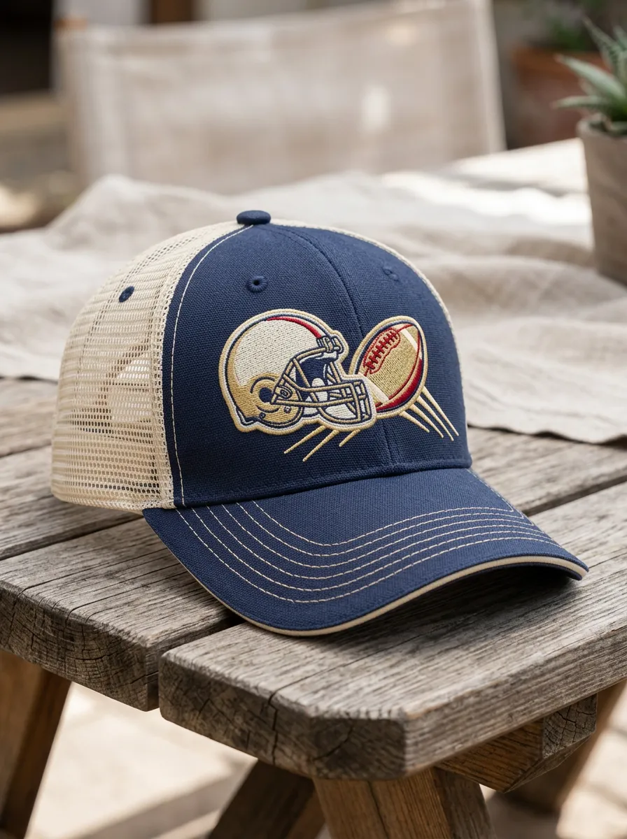 Unisex Football Fan Helmet and Ball Embroidered Mesh Trucker Hat