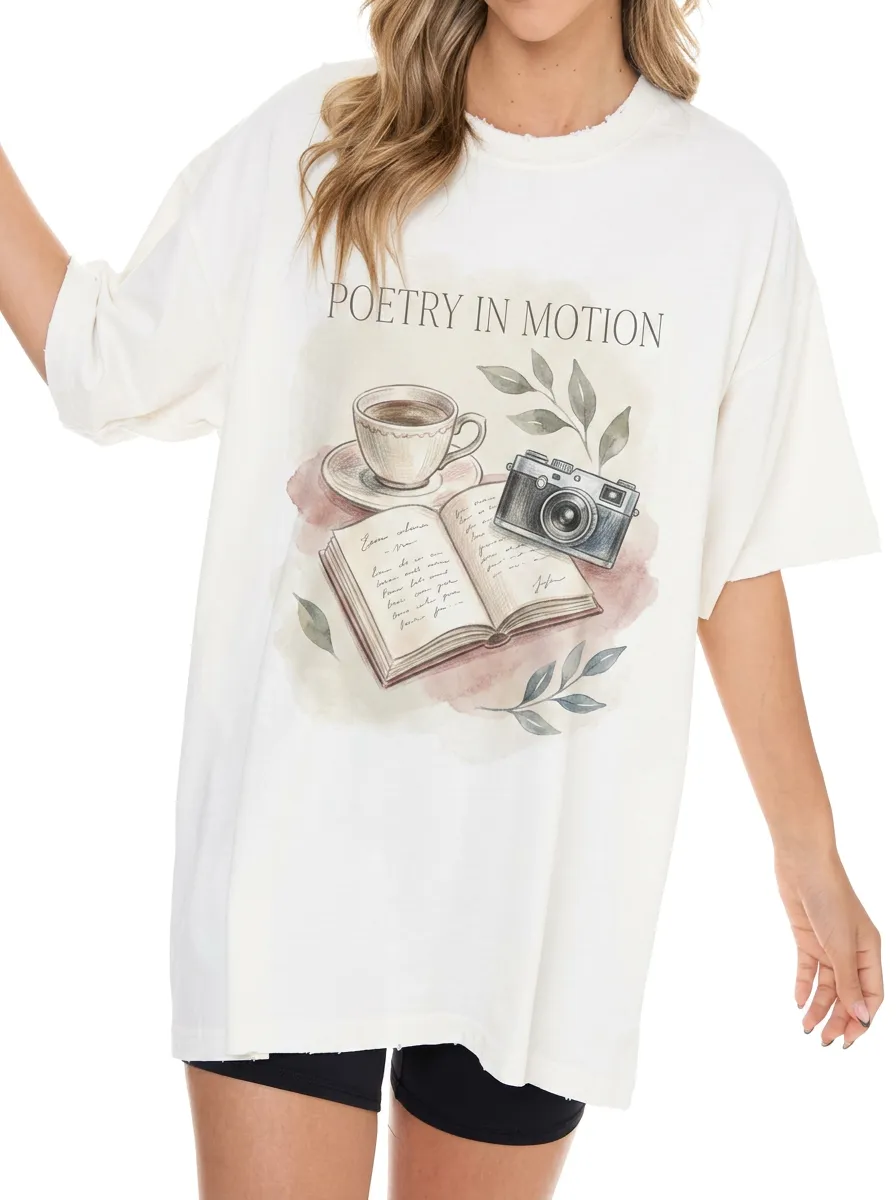 Women's Poetry Book Coffee Camera Aesthetic Printed T-shirt