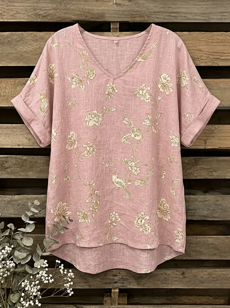 Bird Floral V-Neck Women's Loose Printed Blouse