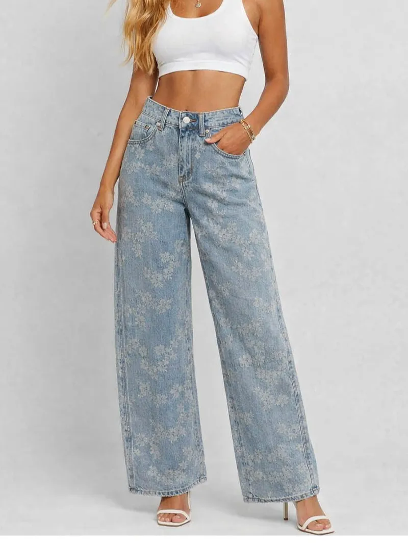 Jacquard Button Pocket Wide Leg Denim Pants